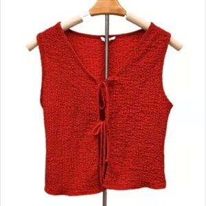 See You Monday Red Textured Tie Front Cropped Vest Top Holiday Blouse Vest Large